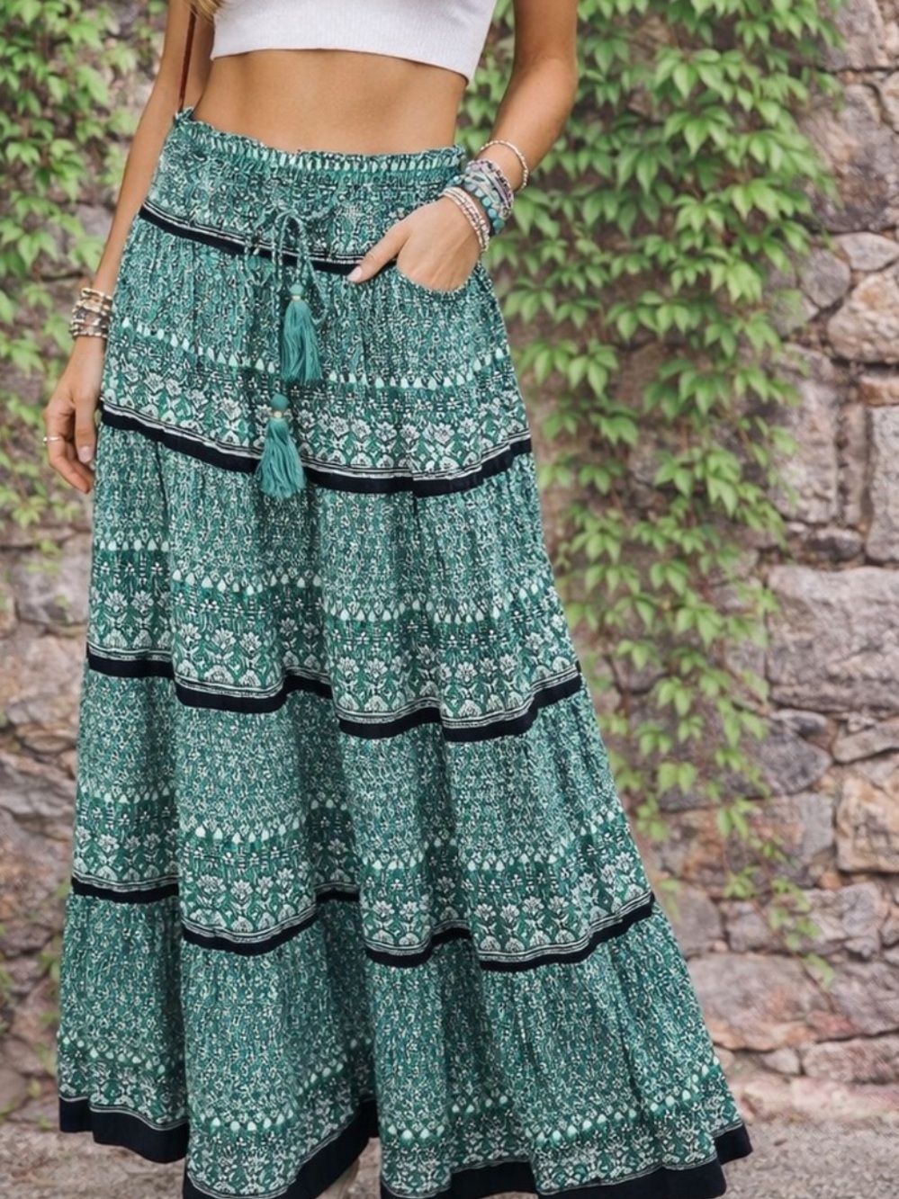 M.A.B.E. Mari Boho Patterned Green Shirred Maxi Skirt, M